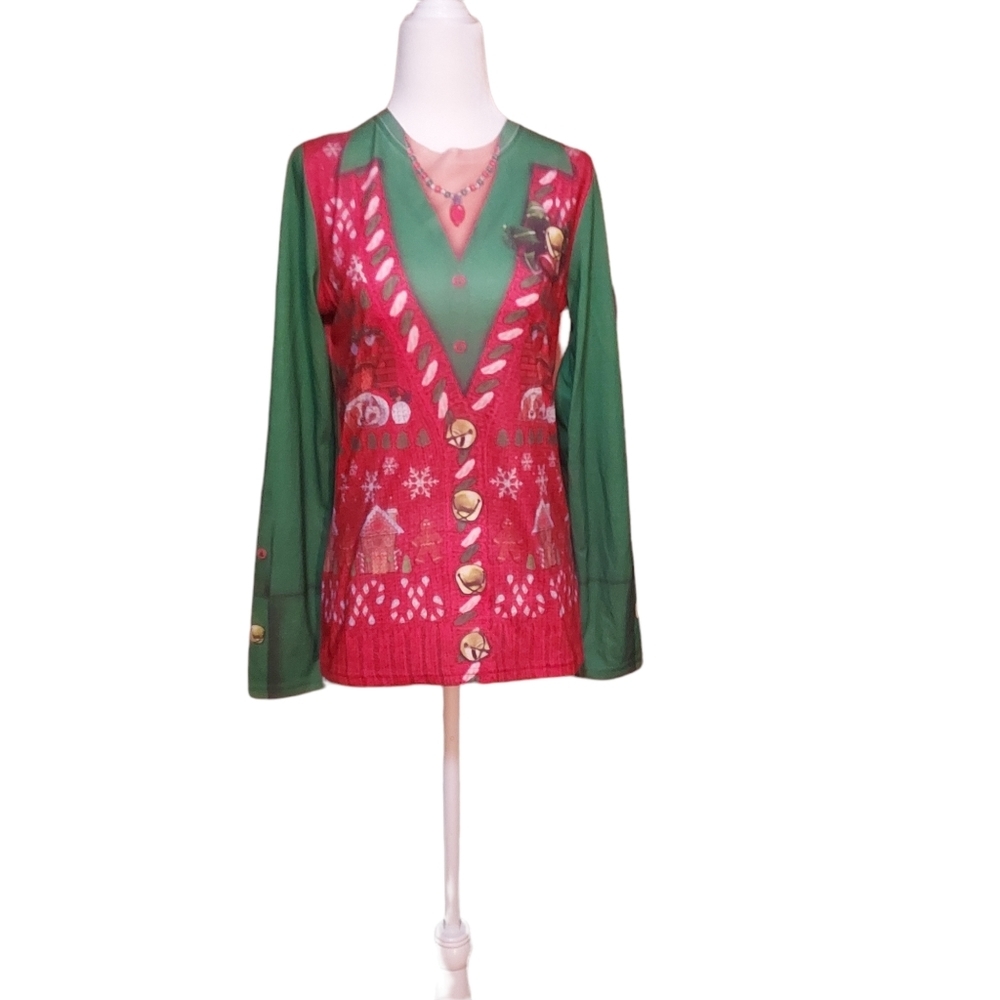 Faux Real Shirt M Ugly Christmas Tshirt Top Blouse Long Sleeve Holiday clothes